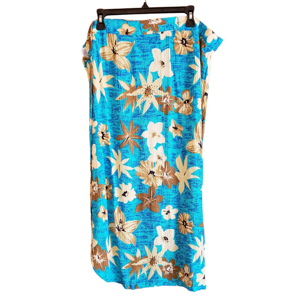 One size blue & tan Hawaiian tropical florals wrap skirt - Picture 3 of 4